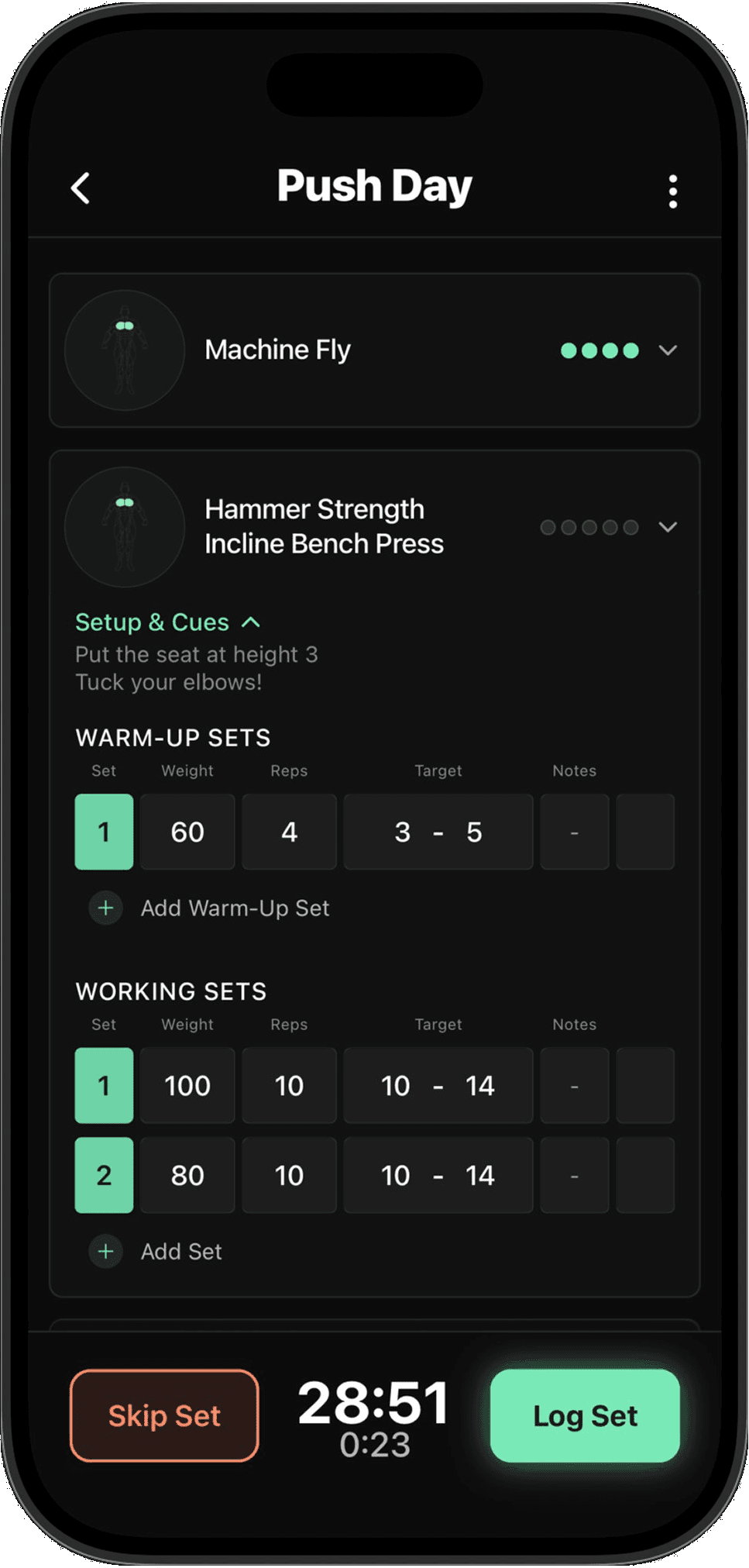 Fizeek Push Day workout with warm-up sets, working sets, and rest timer
